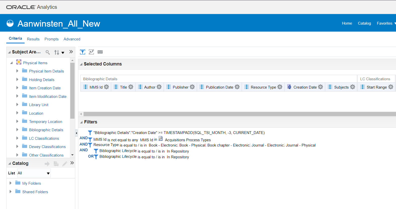 Latest acquisitions criteria in Alma Analytics